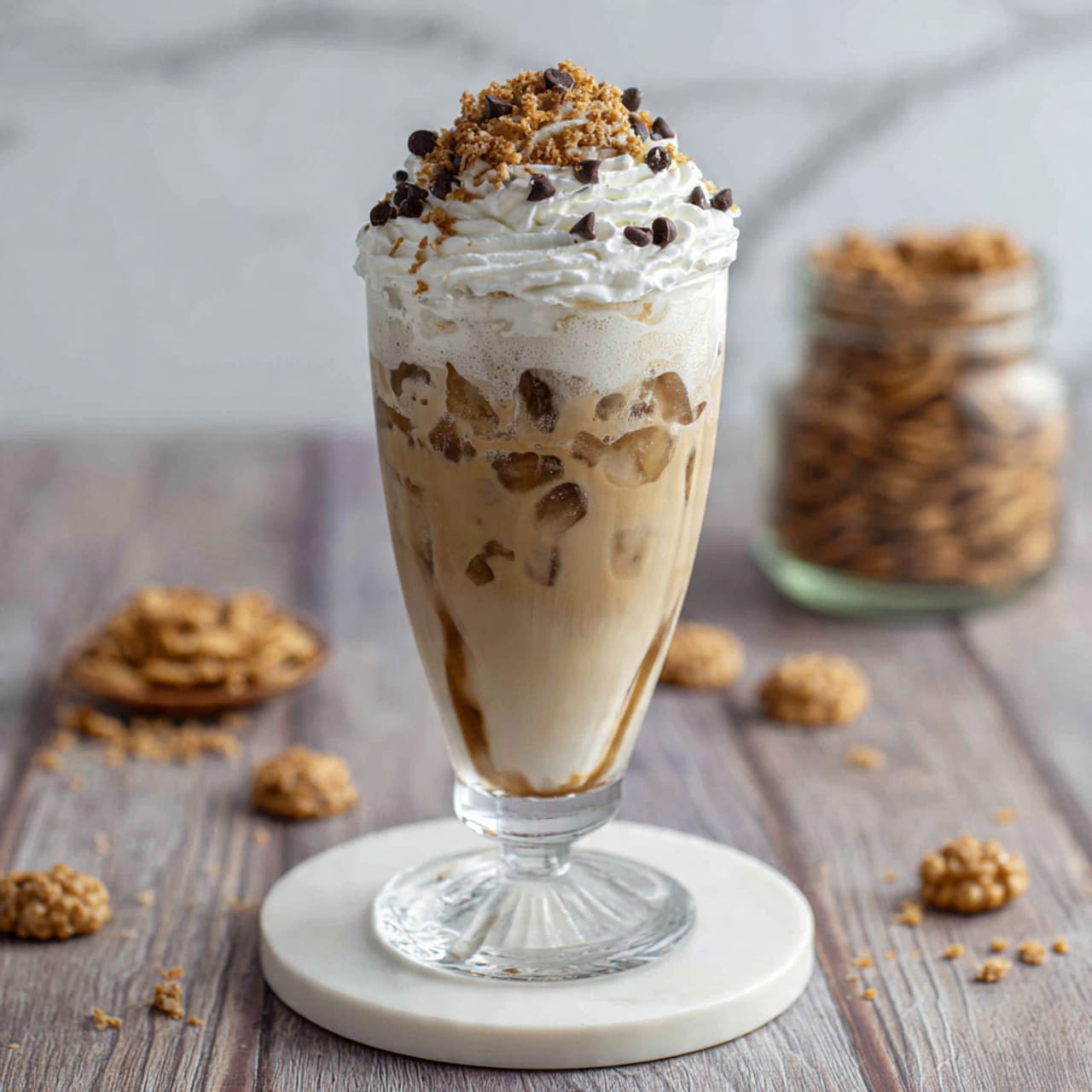 A tall clear glass filled with three layers: ice cubes at the bottom, a light brown creamy coffee layer in the middle, and a thick white whipped cream layer on top. The whipped cream is sprinkled with small dark chocolate chips. The glass sits on a white round coaster, placed on a wooden surface, with some small round light brown snacks scattered around and a jar of the same snacks blurred in the background, all resting on a white marbled texture. Photo taken with an iphone --ar 4:5 --v 7