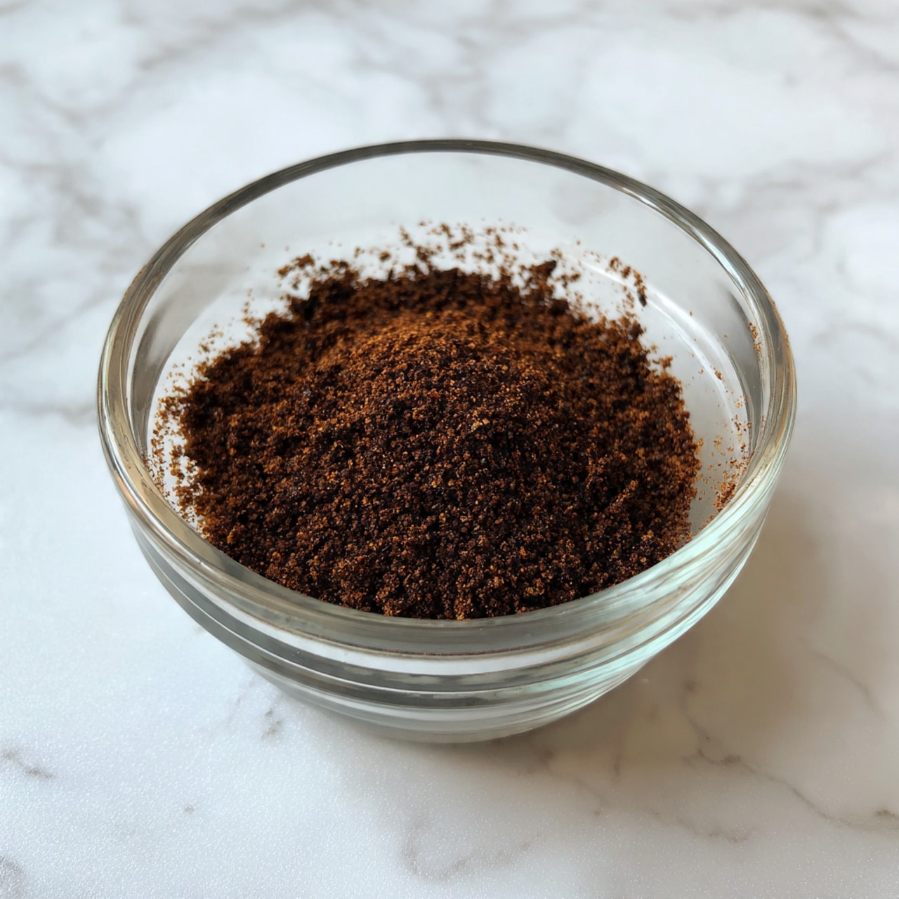 A clear glass bowl sitting on a white marbled surface holds a single layer of finely ground, dark brown crumbs that have a slightly coarse texture. The crumbs form a small mound centered in the bowl, with uneven edges showing a crumbly, granular look. Photo taken with an iphone --ar 4:5 --v 7