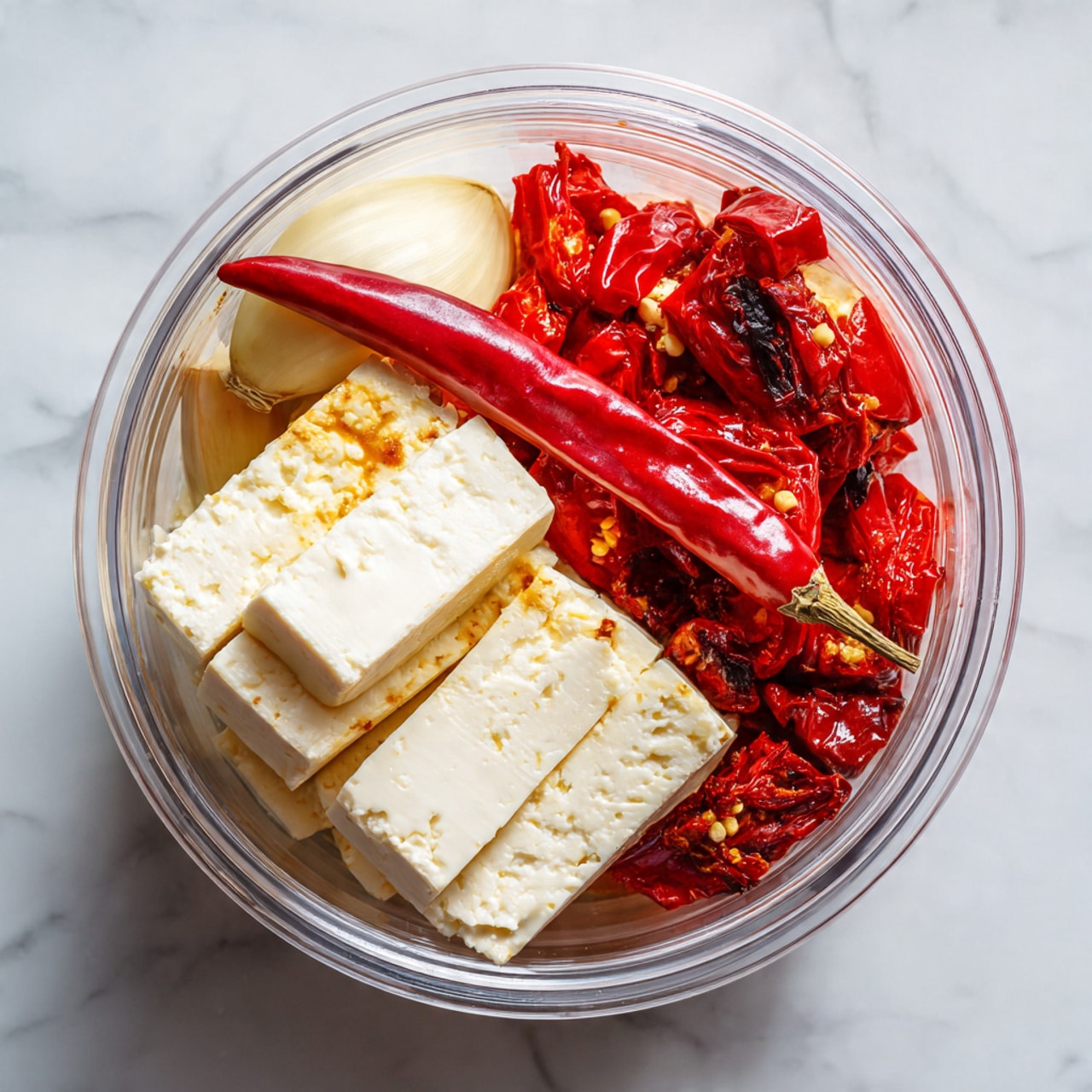 A clear round container holds a mix of ingredients arranged in layers; on one side, several large pieces of soft white cheese with crumbly texture are stacked, giving a slightly uneven look, while next to the cheese, bright red roasted pepper pieces with shiny, wrinkled skin and some char marks lay in a small pile, occupying nearly half the container. A pale clove of garlic sits near the top edge, smooth and whole, and a single long red chili pepper with a glossy surface rests diagonally across the cheese. The container is placed on a white marbled surface. photo taken with an iphone --ar 4:5 --v 7
