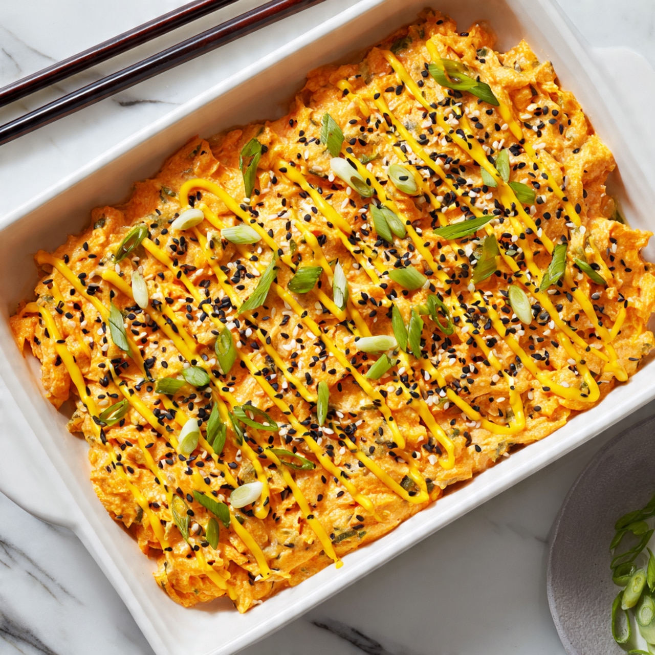 A white rectangular dish contains a two-layered sushi bake with a portion scooped out. The bottom layer is white rice, moist and compact. The top layer is a creamy, pale orange mixture with bit of shredded light pink fish, topped with drizzles of a smooth, bright orange sauce in a zigzag pattern. There are small black and light brown sesame seeds sprinkled evenly across the surface, along with thin rings of bright green spring onions scattered on top. The dish sits on a white marbled surface. photo taken with an iphone --ar 4:5 --v 7