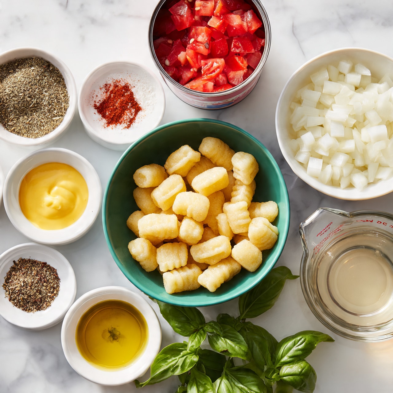 The image shows various cooking ingredients arranged on a white marbled surface. In the center, a green bowl is filled with small, pale yellow gnocchi pieces that have a soft, ridged texture. To the top right of the gnocchi, a white bowl holds chopped, white onion pieces with a smooth texture. Below the onion, a can is open with bright red diced tomatoes visible inside. To the right bottom corner, a clear measuring cup contains a small amount of clear white wine. Below the gnocchi, several fresh green basil leaves are spread out. On the left side, small white dishes hold mustard yellow dijon mustard, a light golden olive oil pool, a mix of dried Italian seasonings in grays and greens, and finely chopped pale yellow garlic. Above all is a clear measuring cup filled with off-white heavy cream. The natural colors and textures contrast against the white marbled surface, making each ingredient distinct and fresh. Photo taken with an iphone --ar 4:5 --v 7