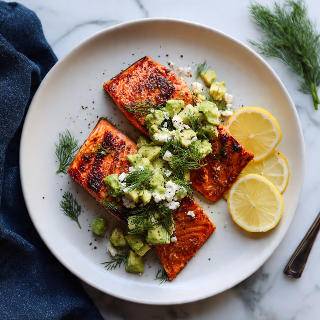 A white plate holds three thick grilled salmon fillets with a reddish-orange spicy seasoning and slight charring on the edges, positioned side by side. Each fillet is topped with a chunky green avocado and white cottage cheese salad mixed with fresh green dill, sprinkled with black pepper. Small sprigs of dill decorate the plate and the salad. There are three lemon wedges arranged on the white marbled surface near the plate. A spoon with some avocado salad rests partially on the plate at the bottom left, and a dark blue cloth is placed on the lower right side. In the top left corner, a bowl with extra avocado and cottage cheese salad is partially visible. Photo taken with an iphone --ar 4:5 --v 7