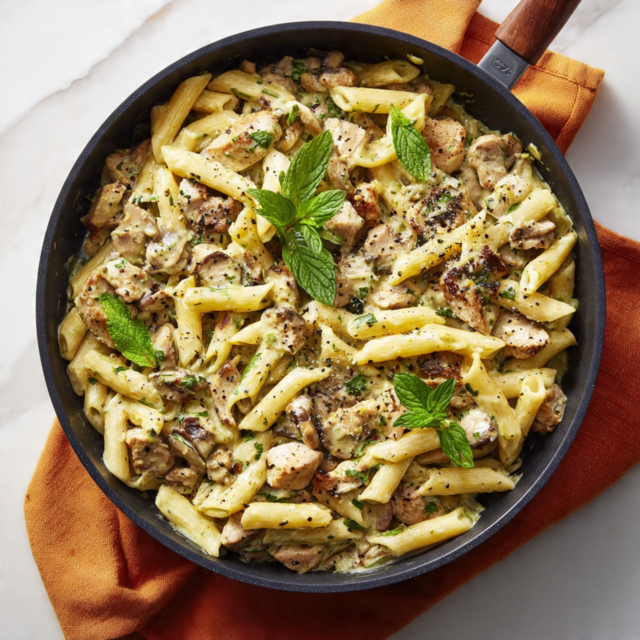 A white bowl holds a serving of penne pasta covered with a thick creamy green pesto sauce. On top of the pasta are three pieces of light brown grilled chicken, slightly charred with visible grill marks. The sauce is speckled with black pepper and small bits of herbs. Several small fresh green basil leaves are placed on and around the chicken pieces. A black fork rests inside the bowl, partially submerged in the pasta. The bowl sits on a white marbled surface. photo taken with an iphone --ar 4:5 --v 7