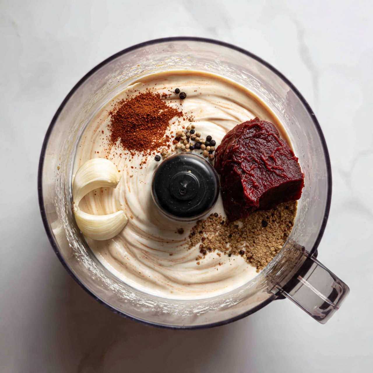 The image shows a top view of a black food processor sitting on a white marbled surface. Inside the clear bowl of the processor, there is a creamy white base with a smooth texture. On top of this base, there is a dark red chunk of ingredient with a slightly shiny surface on the right side. Small black pepper pieces and a light dusting of a fine brown spice are scattered near the red chunk. A single peeled white garlic clove is visible on the left side, resting on the cream. The cream has faint swirls of light brown, giving it a mixed look. Photo taken with an iphone --ar 4:5 --v 7