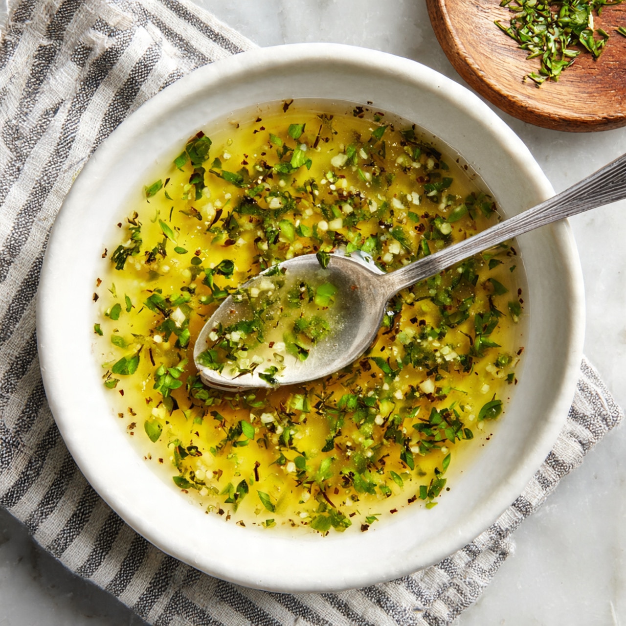 A white bowl holds a light green, oily dressing mixed with small green herb pieces and tiny yellow bits, creating a textured, marbled effect on the liquid surface. A silver spoon stands inside the bowl, partially immersed in the dressing with its handle pointing outwards. The bowl rests on a white marbled surface, surrounded by a striped gray and white cloth and a wooden plate with green herbs peeking in at the top edge. The light shines softly, highlighting the shiny droplets of oil floating on top of the dressing photo taken with an iphone --ar 4:5 --v 7