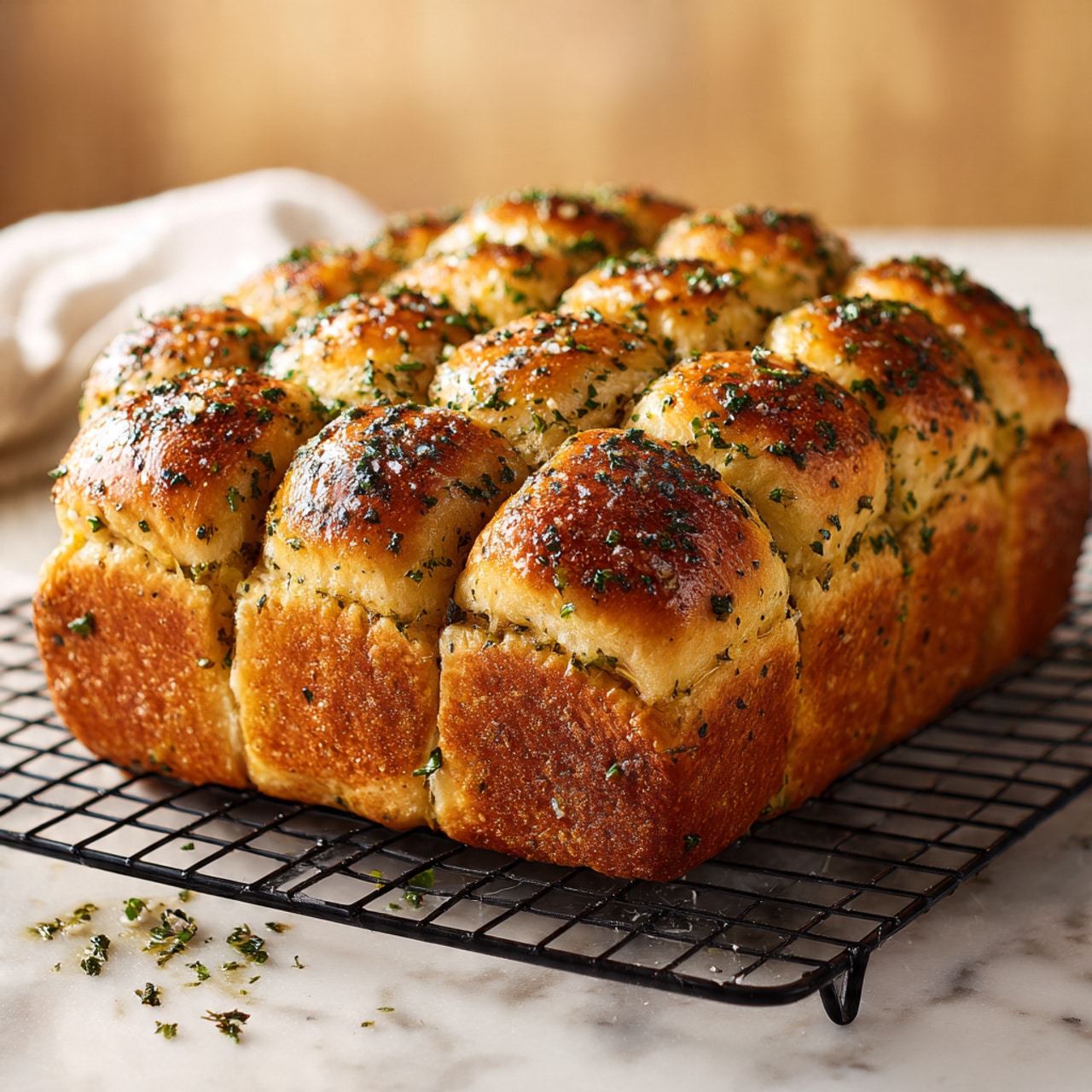 A loaf of pull-apart bread made of many golden brown dough pieces, each piece brushed with herbs and garlic, giving it a slightly shiny and textured top with specks of green. The bread is arranged tightly in a square block with raised, rounded tops and browned edges. It sits on a black wire cooling rack on a white marbled surface, and some small scattered herb bits are visible around the base. The background is softly blurred with warm beige tones, making the bread the clear focus. photo taken with an iphone --ar 4:5 --v 7