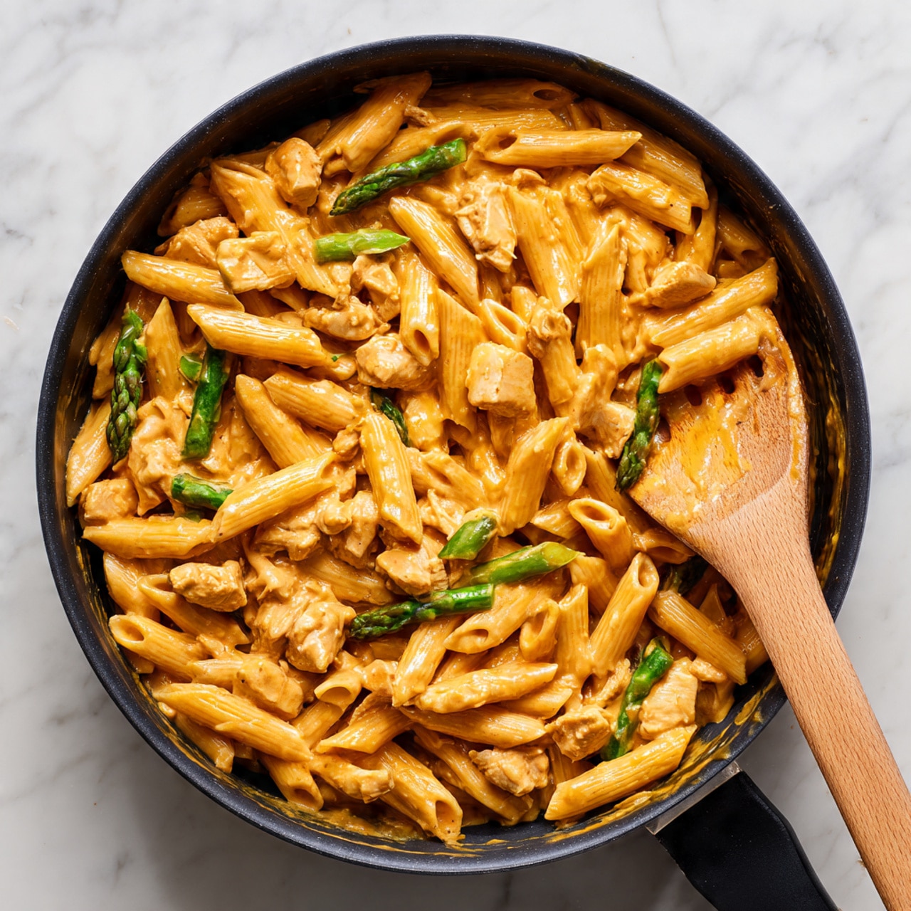 A black pan filled with creamy orange sauce coated penne pasta, mixed with small pieces of light brown chicken and bits of green asparagus scattered throughout. A wooden spatula rests on the right side, partially covered in sauce, stirring the pasta. The pan is on a white marbled surface, and the sauce gives the pasta a glossy, smooth look, evenly covering most of it. Photo taken with an iphone --ar 4:5 --v 7