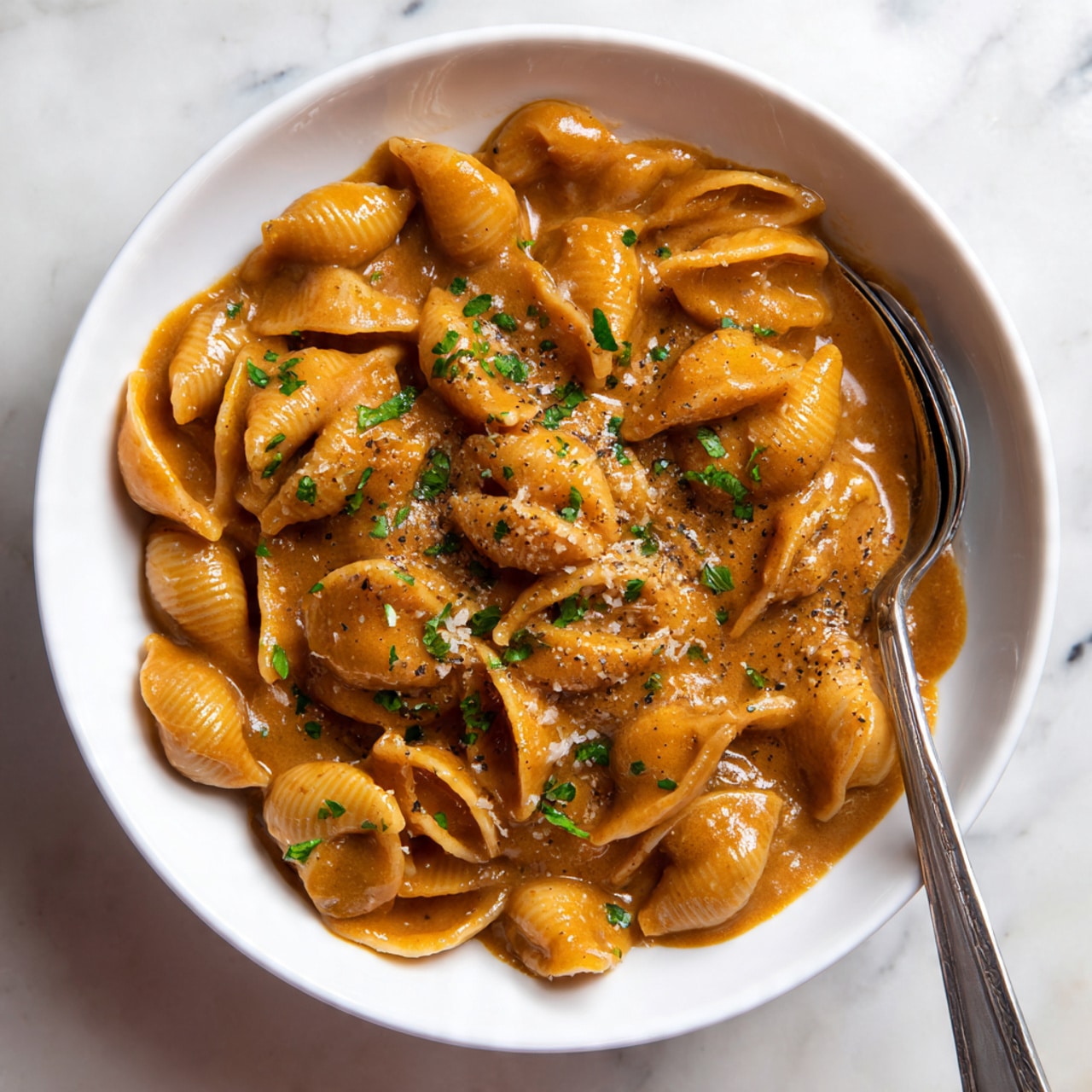 This close-up image shows a creamy mushroom dish in a white pan, filled with multiple layers of soft, light brown mushroom slices coated in a thick, shiny beige sauce. The sauce has a smooth, rich texture mixed evenly throughout the mushrooms. Small pieces of finely chopped green herbs are sprinkled on top, adding a touch of color. A golden spoon is partly immersed in the dish, ready to serve. The background features a white marbled texture that brightens the whole scene photo taken with an iphone --ar 4:5 --v 7