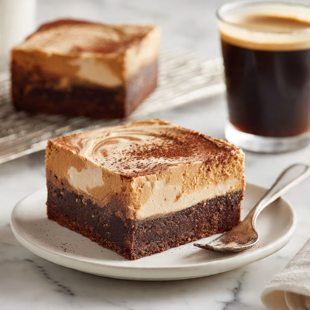 A square dessert bar with two layers sits on a white plate on a white marbled surface. The bottom layer is thick, dark brown, and dense with a slightly cracked texture on the edges. The top layer is a lighter tan color with a smooth, creamy texture spread evenly and swirled softly on top. There is a light dusting of dark brown powder over the cream layer. In the background, another square bar shows the same two layers, resting on a metal rack. To the right is a glass of dark coffee with a frothy top. A woman's hand holds a fork with a small bite of the dessert lifted near the plate photo taken with an iphone --ar 4:5 --v 7