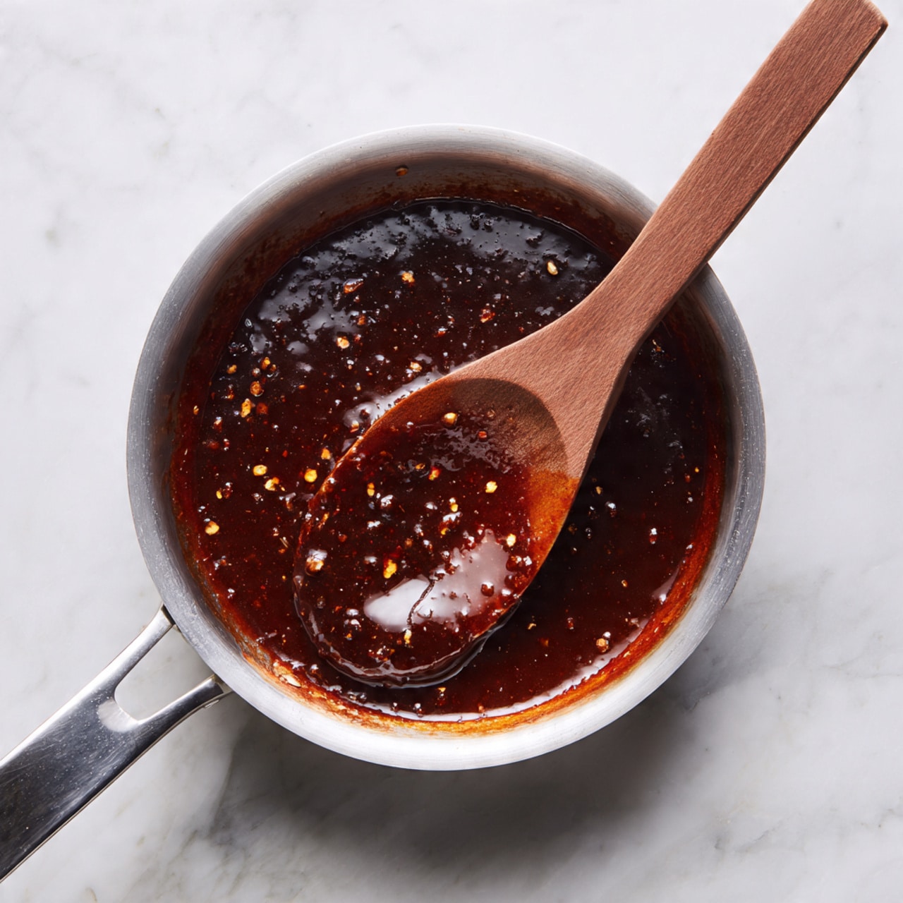 A small silver pan is filled with thick, dark reddish-brown sauce with a glossy surface and small bits floating in it. A wooden spoon with a smooth texture rests inside the pan, partially covered with the sauce and positioned slightly above the center of the pan. The pan is set on a white marbled surface, showing subtle gray veins. The light reflects softly off the sauce and the shiny metal handle of the pan, creating highlights on the edges. Photo taken with an iphone --ar 4:5 --v 7
