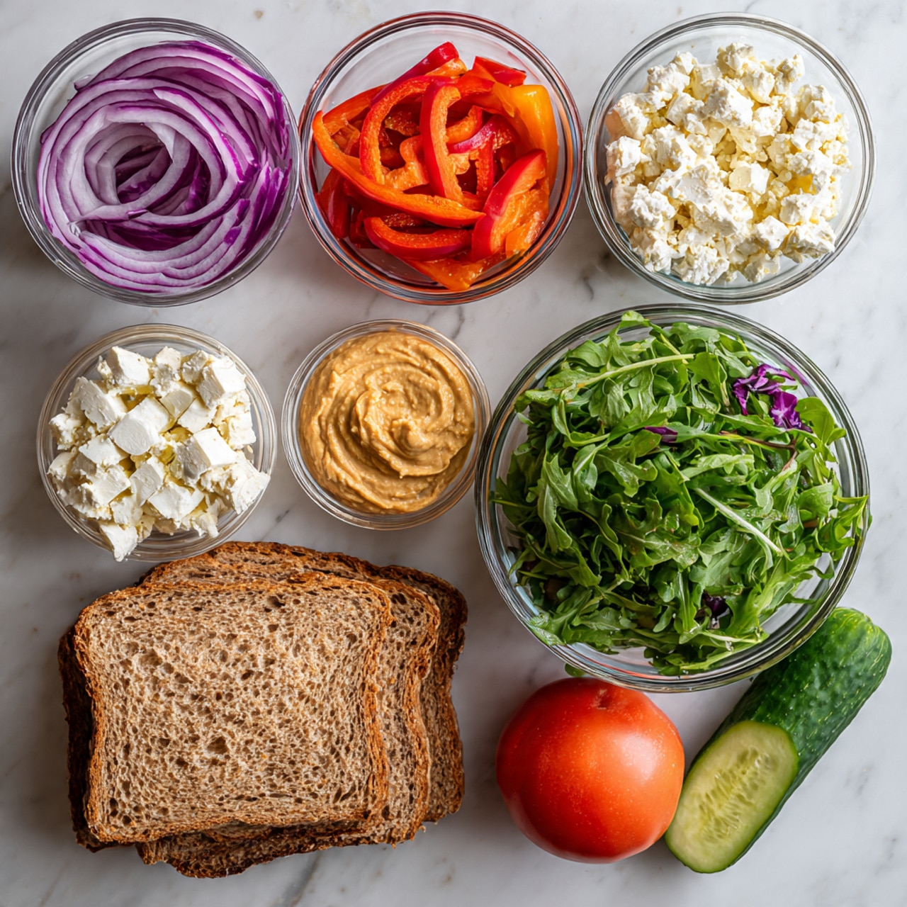 The image shows ingredients for a fresh sandwich on a white marbled surface. There are two slices of whole wheat bread stacked on each other in the bottom left corner. Around them, there are clear glass bowls containing different colorful ingredients: thin slices of purple-red onion in the top left, bright red roasted red pepper strips in the middle top, creamy off-white tofu feta crumbles in the top right, and fresh, lively green arugula leaves filling a larger bowl to the right. A smooth beige hummus is in a small bowl near the bottom center. Outside the bowls, there is a bright red tomato to the right of the tofu feta, and a dark green cucumber laying horizontally near the bottom right edge. photo taken with an iphone --ar 4:5 --v 7