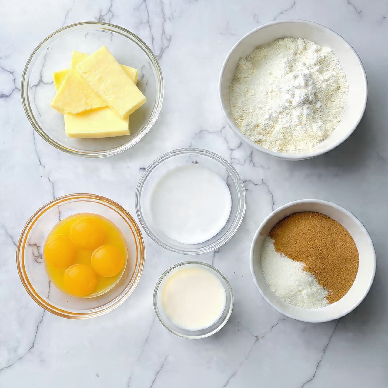 The image shows a flat lay of baking ingredients arranged over a white marbled surface. There are five clear glass bowls and two white bowls neatly placed. In the top left is a clear bowl filled with yellow butter slices. To the top right is a white bowl with white flour mixed with bits of baking powder, showing a powdery texture. Below the butter bowl is another clear bowl with two whole eggs, showing yellow yolks and clear whites. Near the eggs is a smaller clear bowl with white milk, smooth and reflective. At the bottom right is a white bowl half-filled with brown and white sugar, visible as two distinct textured layers, brown sugar on the left and white sugar on the right. All bowls and ingredients are neatly spaced on the white marbled surface, and large white text labels each ingredient. Photo taken with an iphone --ar 4:5 --v 7