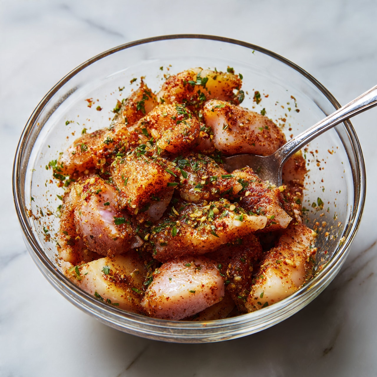 A white round plate full of creamy penne pasta mixed with brownish-orange sauce and pieces of cooked chicken that are light golden brown. Bright green chopped scallions are scattered on top, adding color contrast. A black spoon is placed to the right inside the plate, slightly submerged in the pasta. The plate sits on a white marbled surface with a white and gray striped cloth partially under it. The lighting is bright, highlighting the textures of the pasta and chicken. photo taken with an iphone --ar 4:5 --v 7