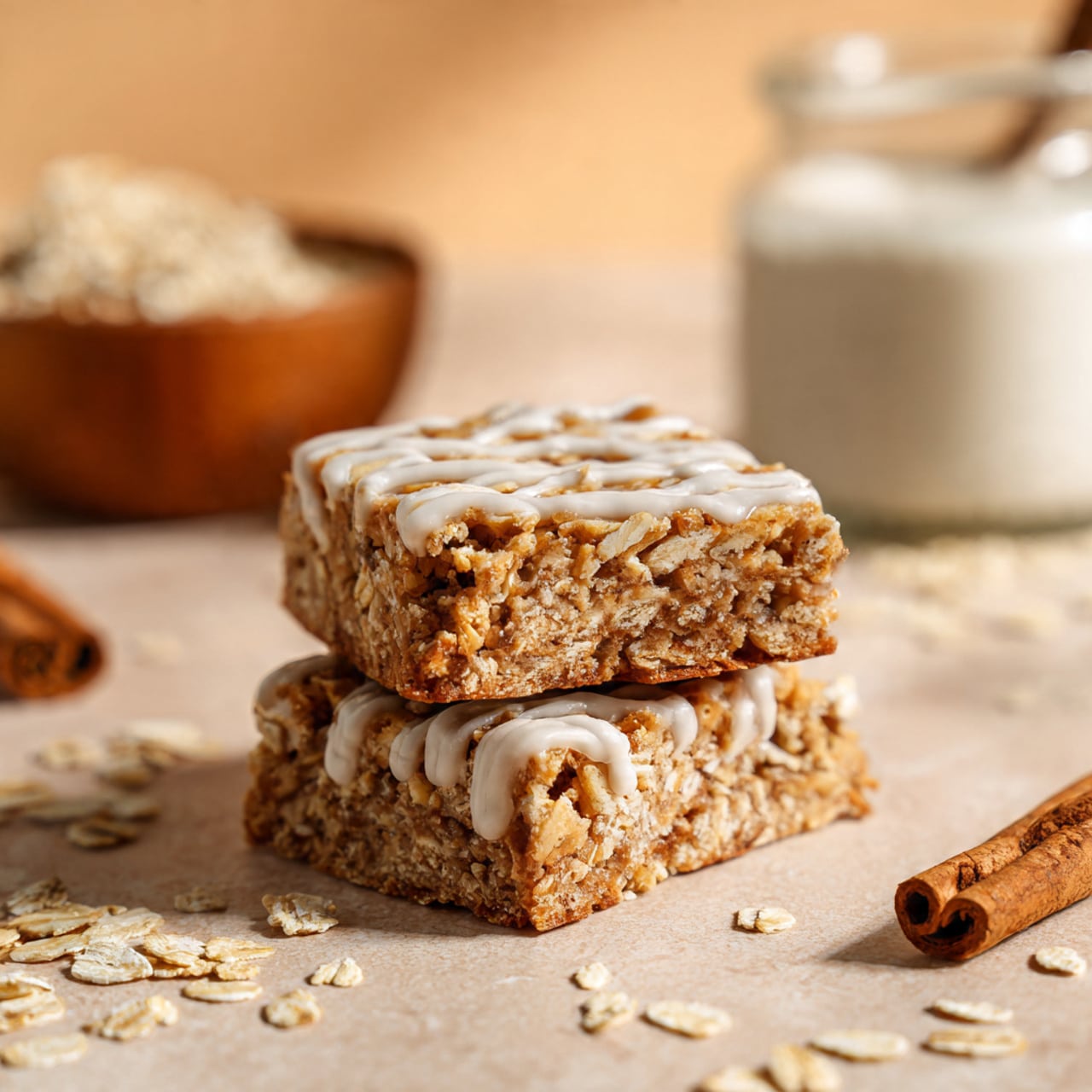 The image shows several square oat bars with a rough texture made of oats and a light drizzle of white icing on top. The bars are placed on a brown parchment paper, with some loose oats scattered around them. In the background, there is a white bottle of milk and a white bowl with a small amount of white powder, likely sugar. On the right side, two cinnamon sticks lay on the white marbled surface. A woman's hand is seen gently holding one of the oat bars from the top left corner. Photo taken with an iphone --ar 4:5 --v 7