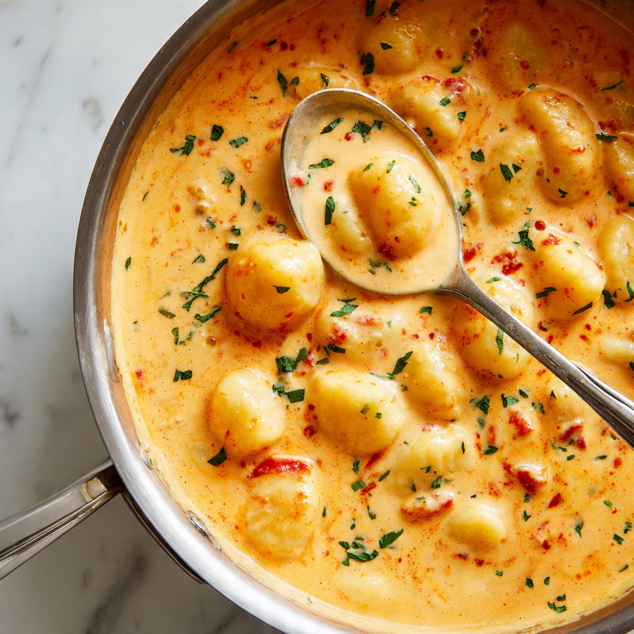 This image shows a close-up of a creamy dish in a silver pan, with a slow-stirred texture full of soft, yellow gnocchi pieces floating in thick, light orange sauce. The sauce has small bits of red tomato and green herbs evenly mixed, adding bright color spots across the surface. A silver spoon is scooping some of the creamy gnocchi and sauce, showing the smooth texture and richness. There is a soft shine on the sauce from the light, and the background is a white marbled surface. photo taken with an iphone --ar 4:5 --v 7
