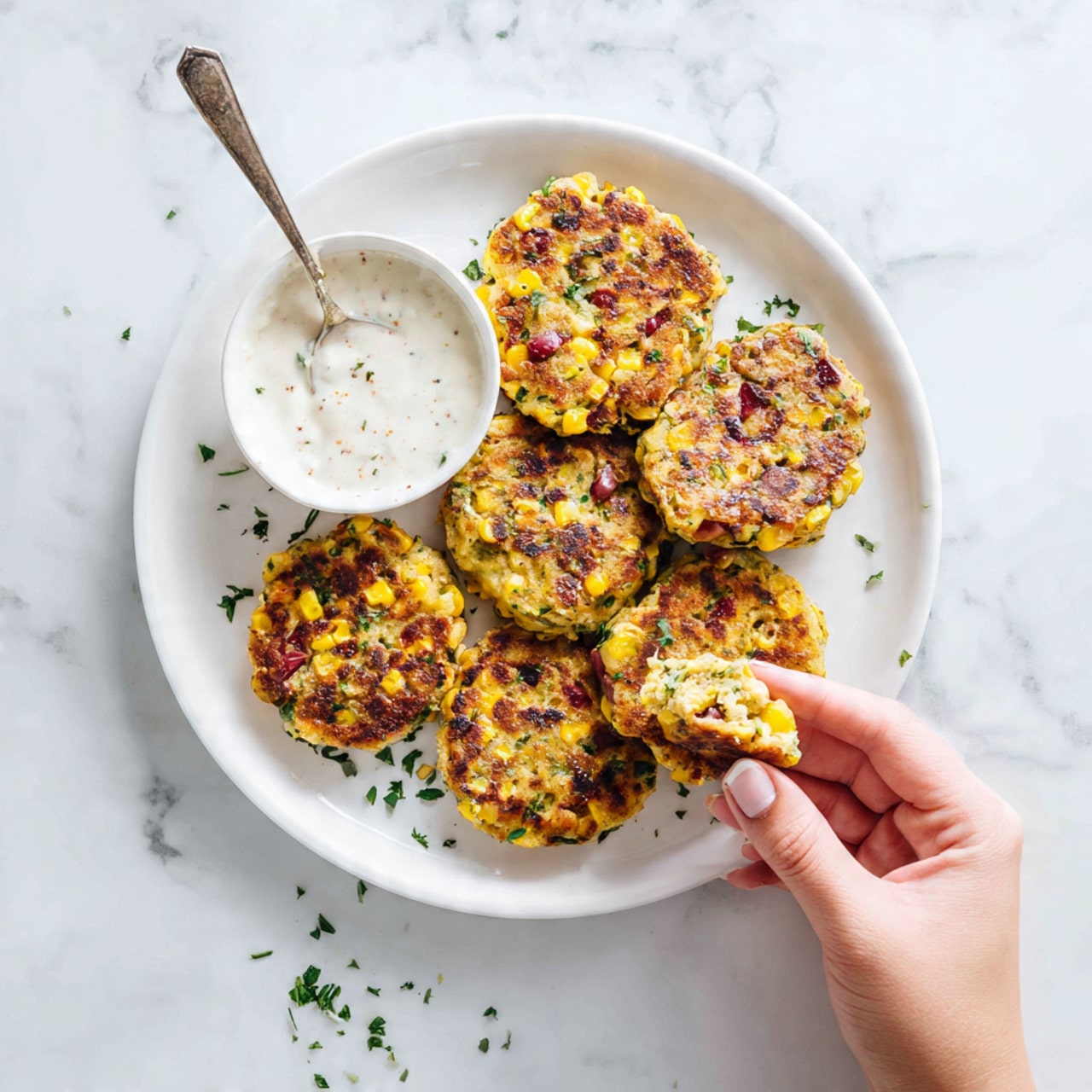 The image shows a white plate filled with golden-brown patties that have a mix of yellow corn, red bits, and green herbs inside. There are five patties arranged closely, with one partially dipped in a white creamy sauce placed in a small white bowl on the side. A spoon is resting in the sauce bowl, and a woman's hand is holding one patty with a bit of sauce on it. The plate is set on a white marbled surface with some small green herb pieces scattered around. photo taken with an iphone --ar 4:5 --v 7