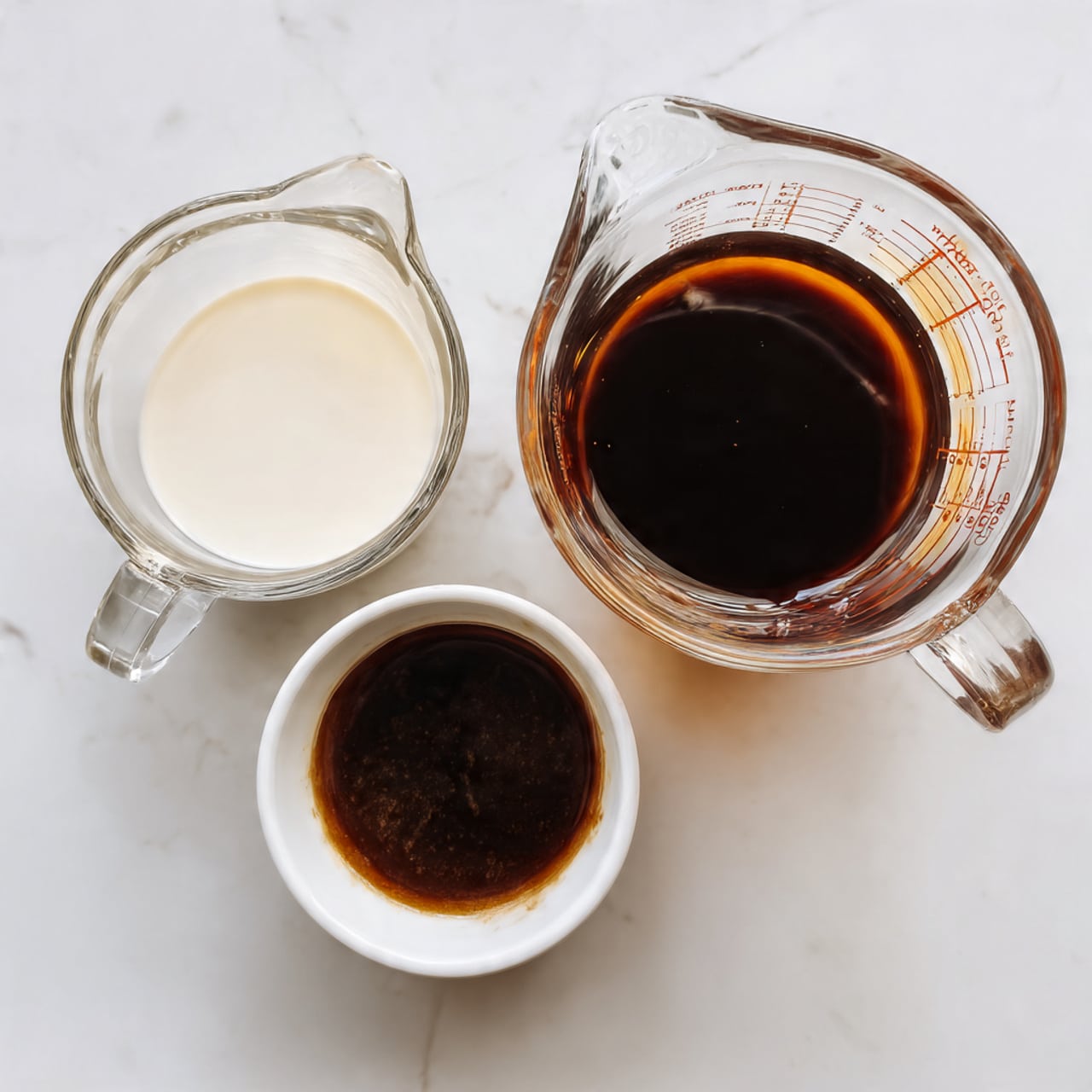 The image shows three clear glass containers on a white marbled surface. On the top right is a large measuring cup filled with a dark brown liquid, almost full. On the bottom left is a medium measuring cup holding a white liquid, nearly full as well. At the bottom right, there is a small white bowl filled with a thick dark brown sauce. The containers are spaced apart with no other items around them, and the scene is well-lit with soft natural light. Photo taken with an iphone --ar 4:5 --v 7