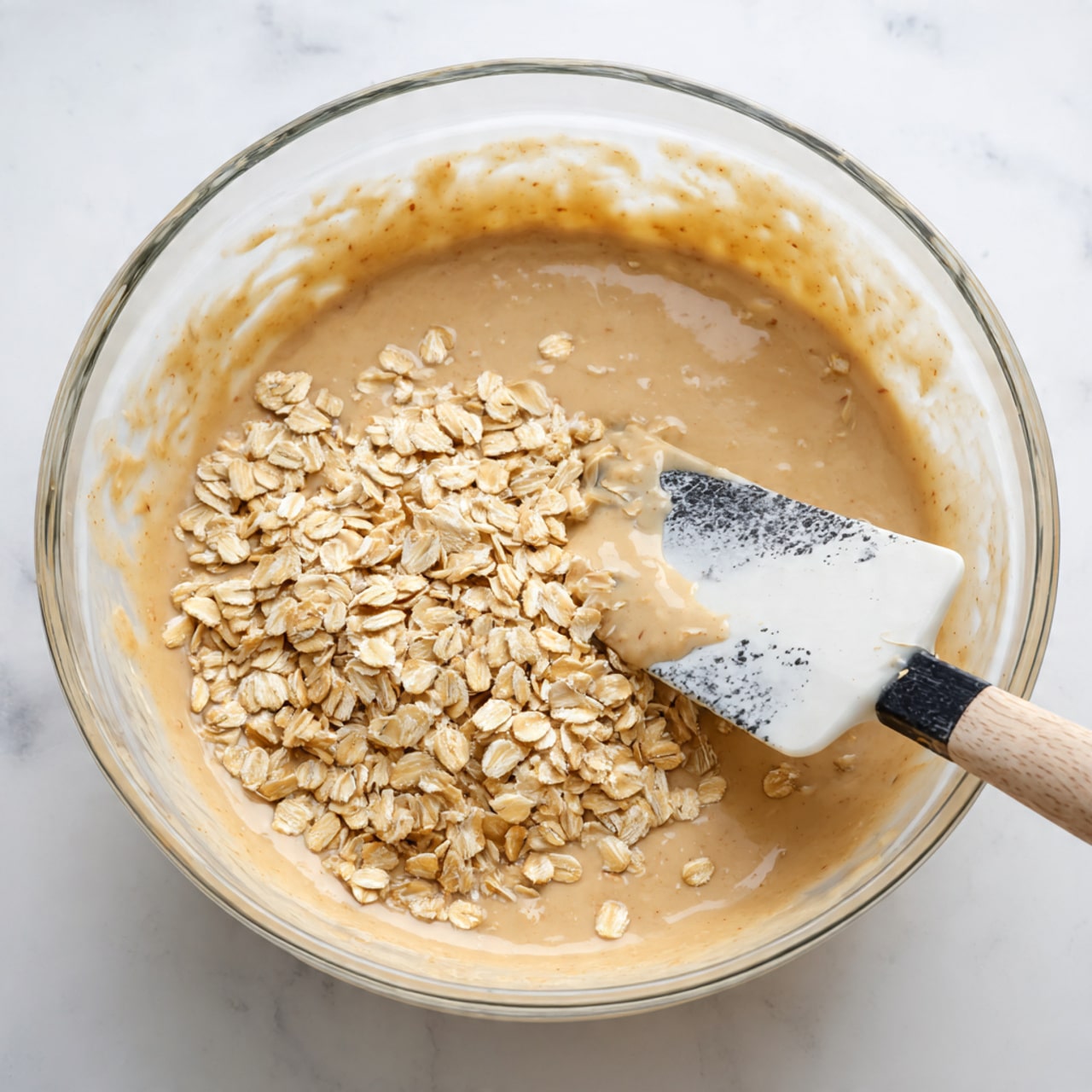 A close-up view of a clear bowl filled with a mixture of light brown batter and dry oat flakes. The batter looks smooth and creamy, covering the oats mostly but letting some oat flakes sit on top. A spatula with a white handle and black residue is partially submerged on the right side, lifting some oat flakes from the bowl. The bowl sits on a white marbled surface. photo taken with an iphone --ar 4:5 --v 7