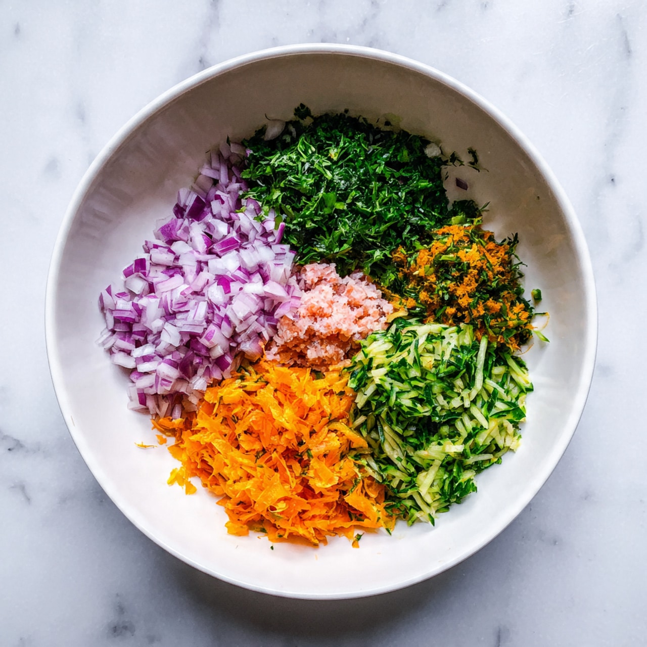 A white bowl sits on a white marbled surface, filled with five different ingredients arranged in separate sections. One section has finely chopped light purple onions, next to it is a bright green pile of finely chopped leafy herbs, followed by a portion of light pink minced meat. There is a bright orange mound of finely grated carrots and beside it, a pile of finely grated green zucchini. Each ingredient keeps its own space inside the bowl, creating a colorful and fresh mix. Photo taken with an iphone --ar 4:5 --v 7