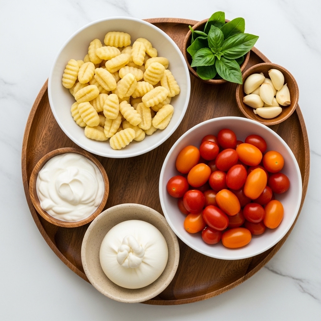 The image shows five bowls on a white marbled surface, arranged on a round wooden tray. The top left bowl is white and filled with pale yellow gnocchi with ridges on each piece. To the top right, there is a wooden bowl holding green basil leaves and next to it a small wooden bowl filled with off-white garlic cloves. Below these, a white bowl contains a mix of small red and orange cherry tomatoes with smooth, shiny skins. To the left, a small wooden bowl holds white heavy cream with a smooth texture. In the bottom left corner, there is a small beige bowl with a round, smooth, white burrata cheese. Photo taken with an iphone --ar 4:5 --v 7