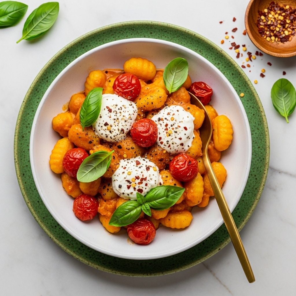 A white bowl filled with golden yellow gnocchi in a rich orange sauce, scattered with bright red roasted cherry tomatoes. Dollops of white creamy cheese sit on top, sprinkled with black pepper and red chili flakes. Fresh green basil leaves add a touch of color and freshness over the dish. The bowl is placed on a green speckled plate, all set on a white marbled surface. A golden spoon rests inside the bowl, partly visible. Nearby, there is a small wooden bowl with red chili flakes and some loose basil leaves. photo taken with an iphone --ar 4:5 --v 7