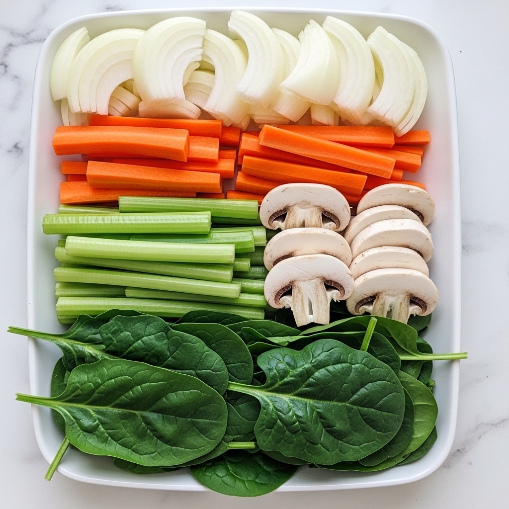 A white rectangular dish holds five neat rows of fresh vegetables arranged side by side on a white marbled surface. At the back, there is a layer of pale sliced onions with slightly curved shapes, followed by bright orange carrot sticks cut into thin, long strips. In the middle lies a pile of green celery sticks, showing a smooth texture and fresh look. Next to the celery, there is a row of white button mushroom slices with light brown gills visible. At the front, a layer of large, dark green spinach leaves is placed, showing their crinkled veins and rich color. The dish looks fresh and colorful, filled with different layers of raw vegetables, photo taken with an iphone --ar 4:5 --v 7