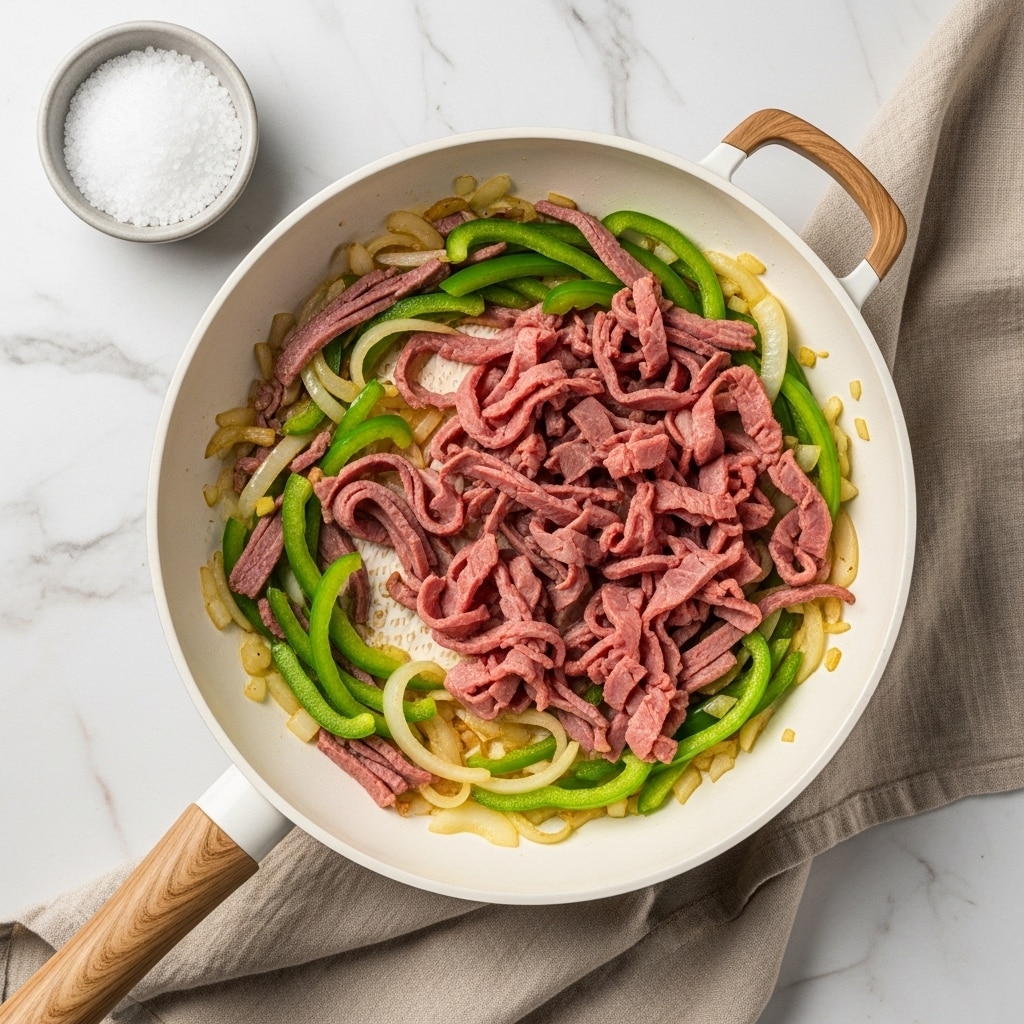 A white frying pan with a wooden handle is filled with three layers of food: the bottom layer is sautéed light brown onions scattered around, the middle layer is bright green chopped bell peppers in medium chunks, and the top layer is thin slices of pink ham layered unevenly over the vegetables. The pan is placed on a white marbled surface with a beige cloth underneath it. To the top left of the pan, there is a small white bowl filled with coarse white salt crystals. photo taken with an iphone --ar 4:5 --v 7