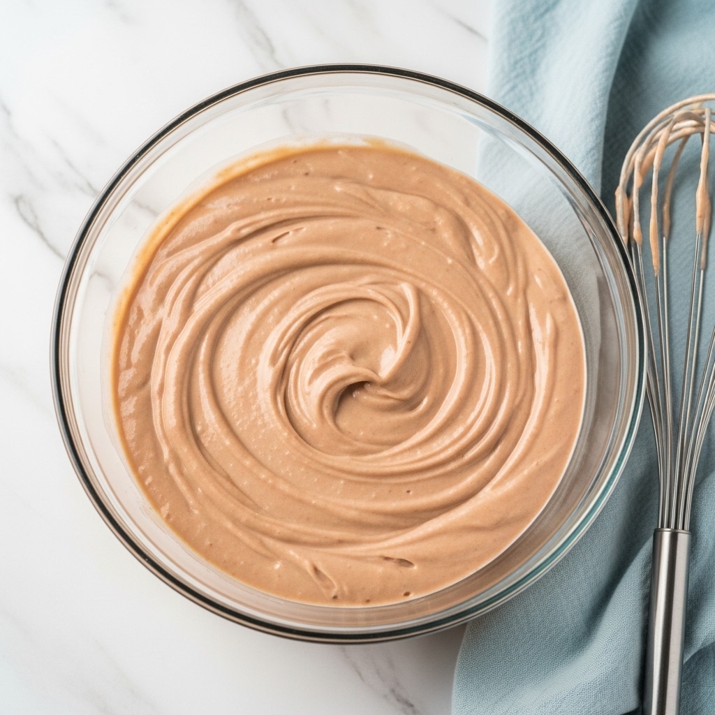 A clear glass bowl filled with a smooth, light brown mixture that has a thick, creamy texture. The bowl sits on a white marbled surface, and part of a light blue cloth and a metal whisk are visible near the bowl. The mixture is evenly spread inside the bowl with gentle swirls on the surface. Photo taken with an iphone --ar 4:5 --v 7
