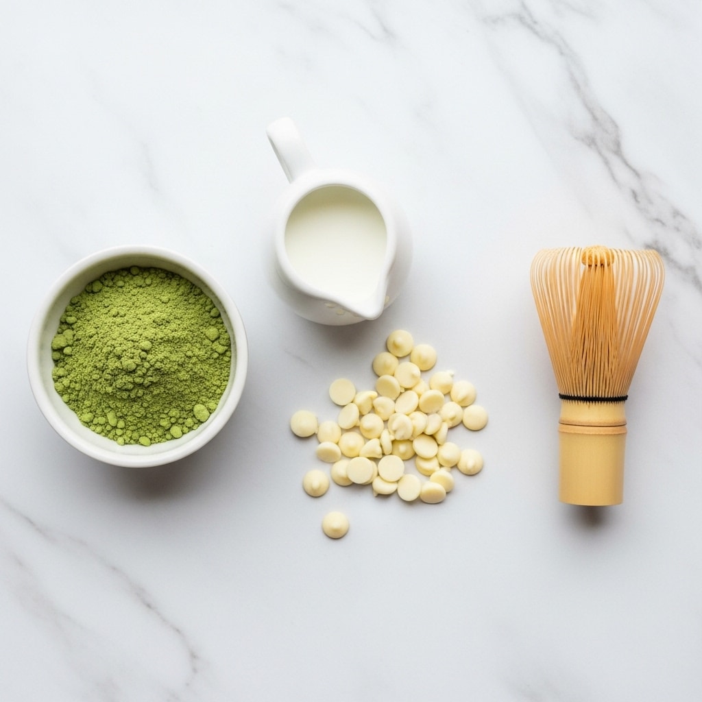 The image shows a top view of four items placed on a white marbled surface. On the left, there is a small white bowl filled with bright green matcha powder. Next to it, there is a small white jug filled with a white liquid, likely milk or cream. In the center, there is a pile of white chocolate chips scattered loosely. On the right, there is a wooden matcha whisk standing upright. The overall color palette is soft and neutral with pops of green and white. Photo taken with an iphone --ar 4:5 --v 7