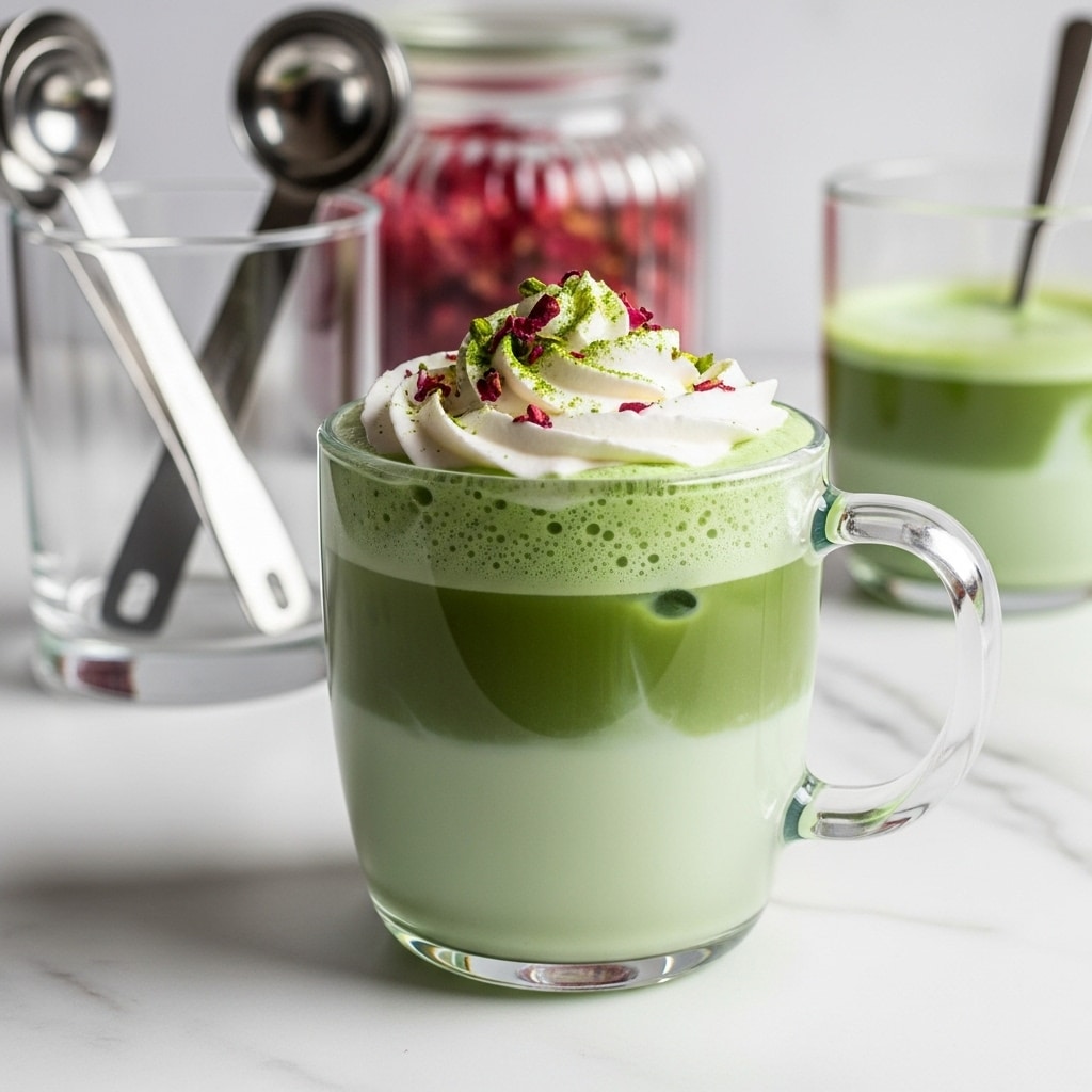A clear glass mug filled with a layered green drink on a white marbled surface; the bottom layer is a light green milk-like liquid, the middle layer is a darker green foam, and the top is a swirl of white whipped cream sprinkled with small red and green bits, possibly rose petals and green powder. In the background, there is a clear glass container holding silver measuring spoons and a glass jar with pink-red pieces. Another glass with a green drink and a spoon inside is slightly blurred to the right. Photo taken with an iphone --ar 4:5 --v 7