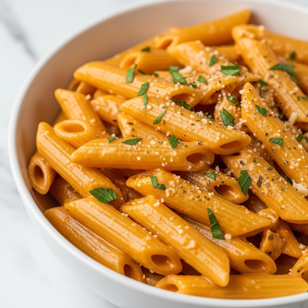 A round gray-handled pan filled with one layer of short, tube-shaped penne pasta in a creamy, smooth orange sauce shows some pasta slightly lifted with sauce clinging to them. The sauce texture is thick and shiny, with small specks of seasoning scattered throughout. A small amount of finely grated pale yellow cheese sprinkled on top adds light texture and color contrast. The pan is set on a white marbled surface with a small block of pale yellow cheese and a metal grater partially visible near the bottom. Photo taken with an iphone --ar 4:5 --v 7