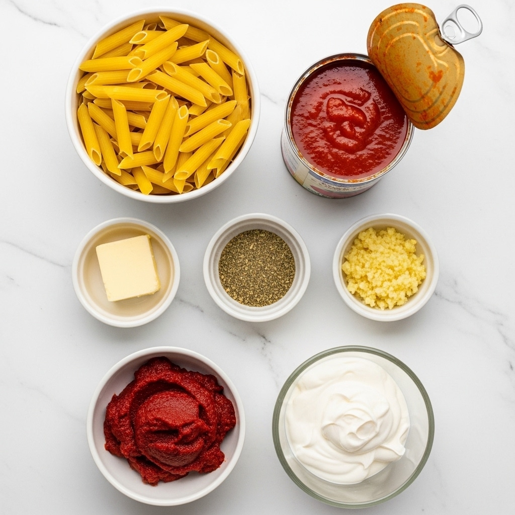 The image shows an overhead view of various ingredients for a pasta dish arranged neatly on a white marbled surface. At the top left is a white bowl filled with uncooked yellow penne pasta. To its right, there is an open can filled with rich red tomato sauce. Below the pasta bowl, on the left side, is a small white bowl holding a square of pale yellow butter. In the center is a small white bowl with greenish-brown Italian seasoning. Next to it on the right, there is a small white bowl containing minced light yellow garlic. Below, in a clear measuring cup, is a creamy white heavy cream. At the bottom left, there is a small white bowl filled with thick, dark red tomato paste. The ingredients are spaced evenly and the whole arrangement is visually clean and bright. Photo taken with an iphone --ar 4:5 --v 7