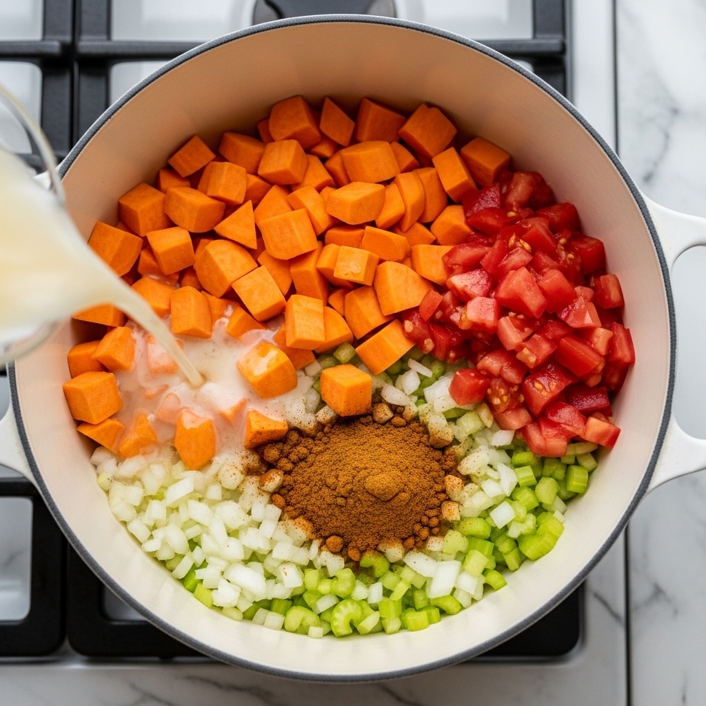 A large white pot sits on a stove with a white marbled surface underneath. Inside the pot, there are four main layers: at the bottom, finely chopped white onions mixed with small bits of green celery; next to that, a light brown spice powder spread in one section; above the onions and celery, bright orange chunks of sweet potatoes filling about half the pot; and beside the sweet potatoes, a small pile of vivid red diced tomatoes. A pale liquid is being poured from the upper left corner into the pot. The photo taken with an iphone --ar 4:5 --v 7