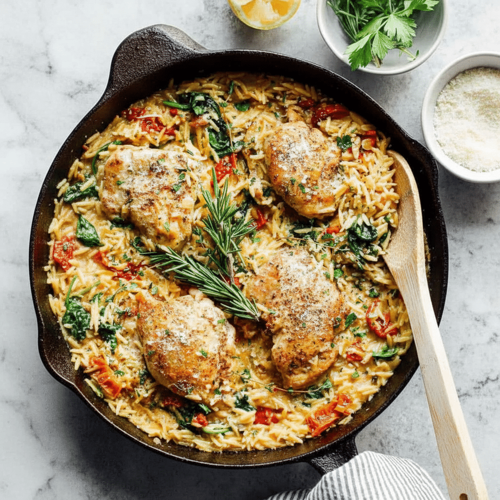 A white plate holds a serving of orzo pasta mixed with bright green spinach leaves and red sun-dried tomatoes, giving a colorful and textured base layer. On top of the pasta lies a golden brown cooked chicken piece covered with a light creamy sauce, sprinkled with black pepper and white cheese flakes. A silver fork rests on the left side of the plate, and the whole setting is placed on a white marbled surface with a sprig of fresh parsley and a halved lemon nearby. Photo taken with an iphone --ar 4:5 --v 7