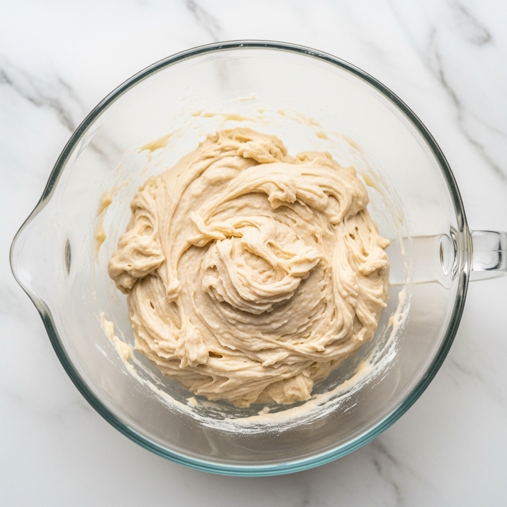 A clear glass bowl containing thick, creamy beige dough is placed on a white marbled surface. The dough has a smooth texture with slightly uneven, soft lumps sitting mostly in the center of the bowl. The dough fills about half of the bowl, showing some shiny wet areas around the edges where it meets the glass. The bowl has a spout and a handle visible on opposite sides. photo taken with an iphone --ar 4:5 --v 7