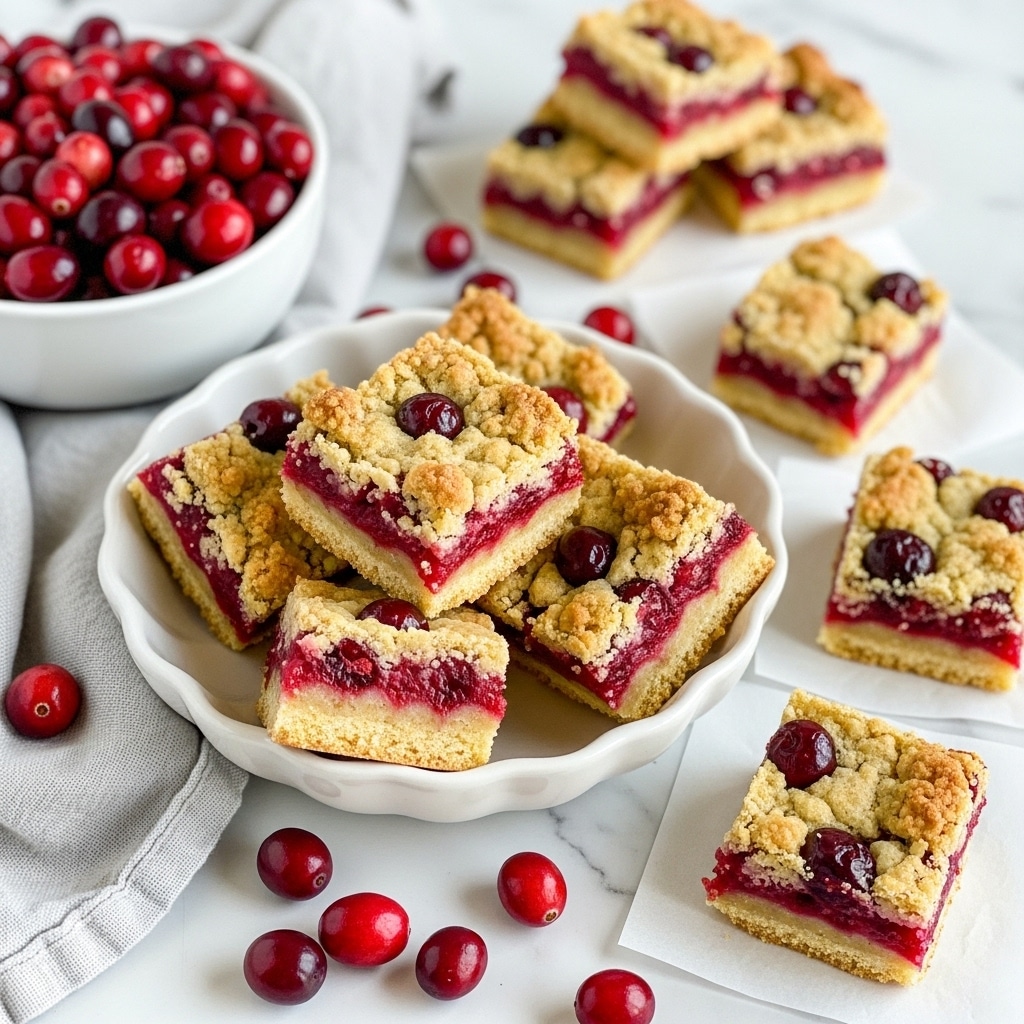 A white scalloped-edged bowl holds several square bars with three distinct layers: a light golden brown crumbly top with small browned patches, a middle layer of bright red cranberries embedded throughout, and a firmer golden base layer. Around the bowl, fresh shiny red cranberries scatter on a white marbled surface, along with more square bars placed on white parchment. A white bowl filled with fresh red cranberries is visible on the left side. A light gray cloth is partially under the bowl and some cranberries. The image is bright and has soft natural lighting. Photo taken with an iphone --ar 4:5 --v 7