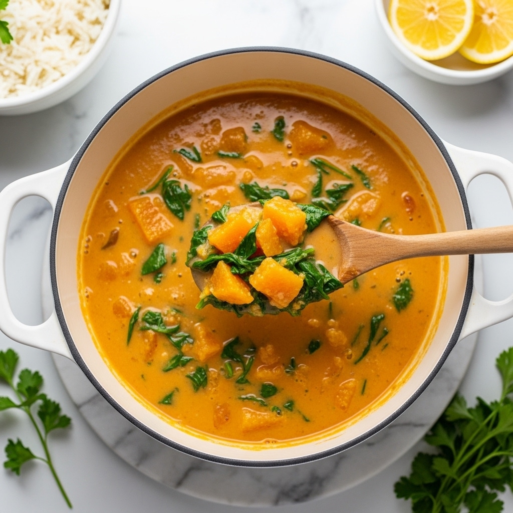 A white pot filled with thick, creamy orange soup that has visible pieces of orange chunks and green leafy spinach mixed in. A wooden spoon is lifting some of the soup, showing the chunky texture and green leafy bits clearly against the smooth orange base. Surrounding the pot is a white marbled surface with a bowl of white rice, lemon wedges, and some green herbs placed near the pot. photo taken with an iphone --ar 4:5 --v 7