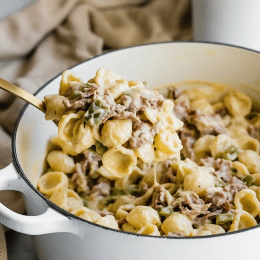 A white bowl filled with creamy pasta salad that has three layers: the first layer is a mix of small pasta shells in pale yellow and light green colors, the second layer shows chunks of pinkish ham, and the third layer is a creamy white sauce coating everything evenly; the bowl sits on a white marbled surface with a beige striped cloth beside it, a white bowl with more pasta in the background, and a small white dish filled with coarse salt further back, all in soft natural light. photo taken with an iphone --ar 4:5 --v 7