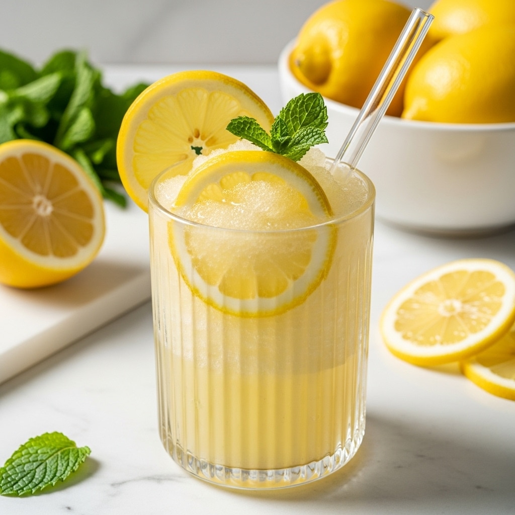 The image shows four bright yellow lemons grouped together on a white marbled surface. To the right of the lemons is a white measuring cup with black markings, filled with large clear ice cubes. Below the measuring cup is a small white pitcher filled with a white liquid, and next to it is a small dark brown bowl with a thick dark brown liquid inside. The items are arranged above a beige cloth with frayed edges positioned in the lower left corner. photo taken with an iphone --ar 4:5 --v 7