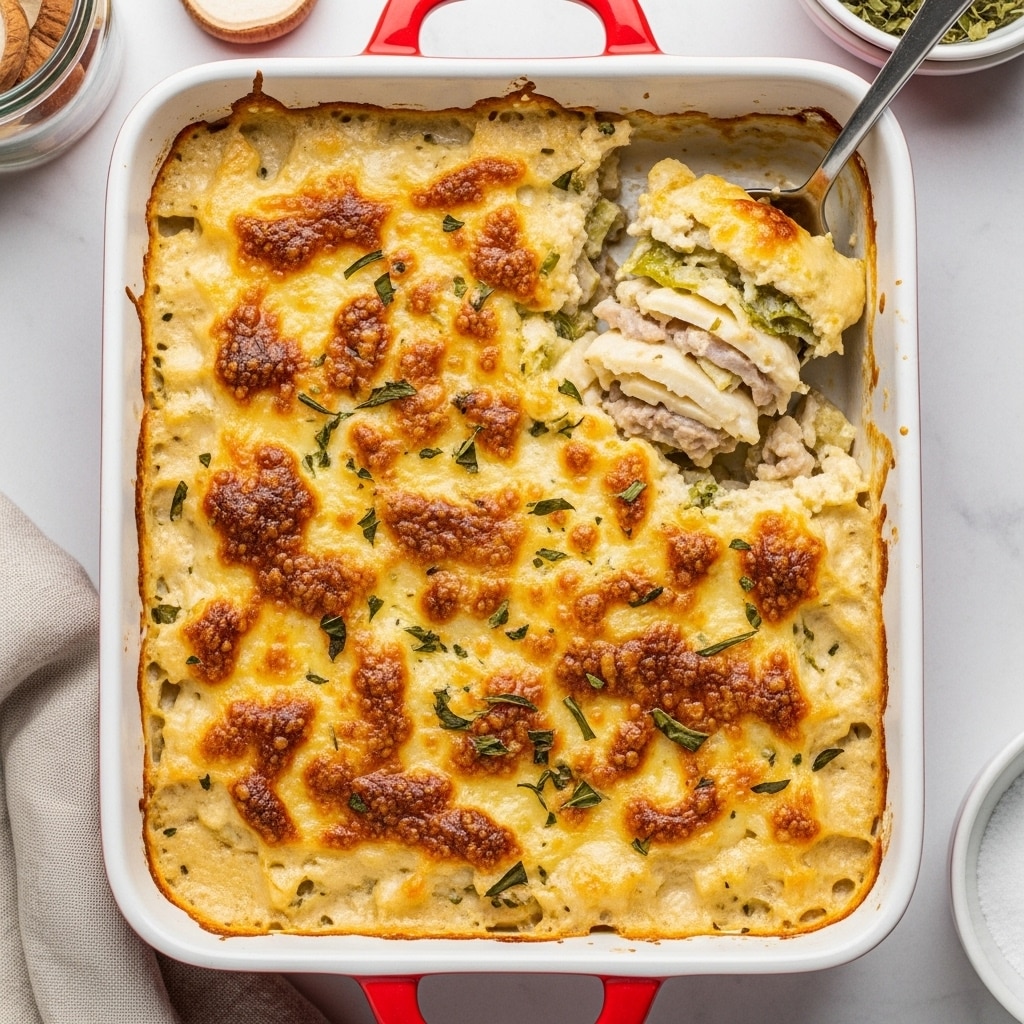 The dish shows one thick layer of creamy broccoli casserole on a white speckled plate. The casserole has light green broccoli florets mixed with soft, pale grains, and a golden-brown melted cheese crust with some crispy spots on top. A small green herb sprig lies on the middle, adding a fresh touch. The plate rests on a white marbled surface, with a glass of amber drink partly visible on the top left and a red pot handle on the bottom right corner. A white textured napkin is near the plate's bottom left corner. Photo taken with an iphone --ar 4:5 --v 7