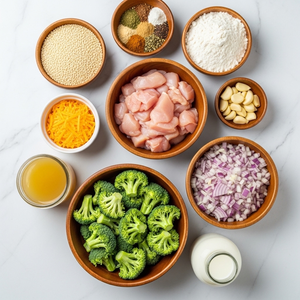 The image shows several bowls and a bottle arranged on a white marbled surface, each containing different cooking ingredients. From top left, a wooden bowl is filled with small beige quinoa grains, next to another wooden bowl with a blend of spices in green, black, and white colors. To the right, there is a wooden bowl holding white flour. Below, a small bowl holds chopped garlic cloves with a white color and rough texture. At the center, a larger wooden bowl contains raw light pink pieces of chicken. To the left, there is a small white bowl with grated orange cheddar cheese. Below these, a large wooden bowl is full of green broccoli florets. Just under the broccoli, a clear glass jar contains a pale yellow broth. To the right of the broccoli, a wooden bowl is filled with chopped light purple onions. Lastly, at the bottom right corner, there is a clear glass bottle filled with white milk. All bowls have a natural wooden finish except for the cheddar bowl, and the background is a clean white marbled surface. Photo taken with an iphone --ar 4:5 --v 7