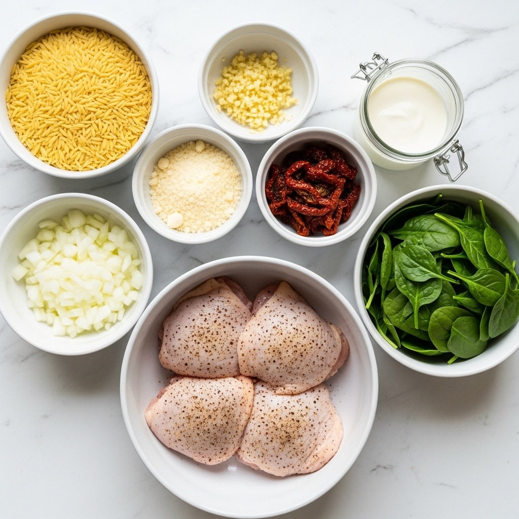 The image shows seven white bowls arranged on a white marbled surface, each filled with different ingredients. The largest bowl at the bottom center contains four raw chicken thighs seasoned with black pepper. Above it to the right is a bowl filled with fresh spinach leaves, and next to it on the right is a small glass jar of cream. To the left of the chicken bowl, a bowl holds finely chopped white onions, above it another bowl contains grated Parmesan cheese. A bowl of sun-dried tomatoes sits next to the Parmesan, and above that is another bowl filled with minced garlic. Lastly, a bowl filled with uncooked orzo pasta is positioned at the top left corner. Photo taken with an iphone --ar 4:5 --v 7