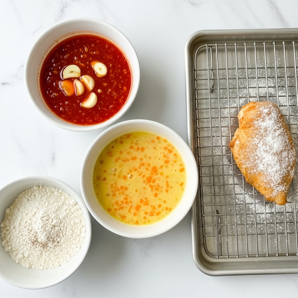The image shows three white bowls and a baking tray on a white marbled surface. The top left bowl contains bright red sauce with pieces of garlic floating inside. Below it, the middle bowl has a yellow mixture with small orange bits, appearing wet and creamy. The bottom left bowl holds dry flour with some seasoning sprinkled on top. To the right, a baking tray with a cooling rack holds a single piece of cooked chicken dusted with a light layer of flour or powder, showing a golden brown color. Photo taken with an iphone --ar 4:5 --v 7