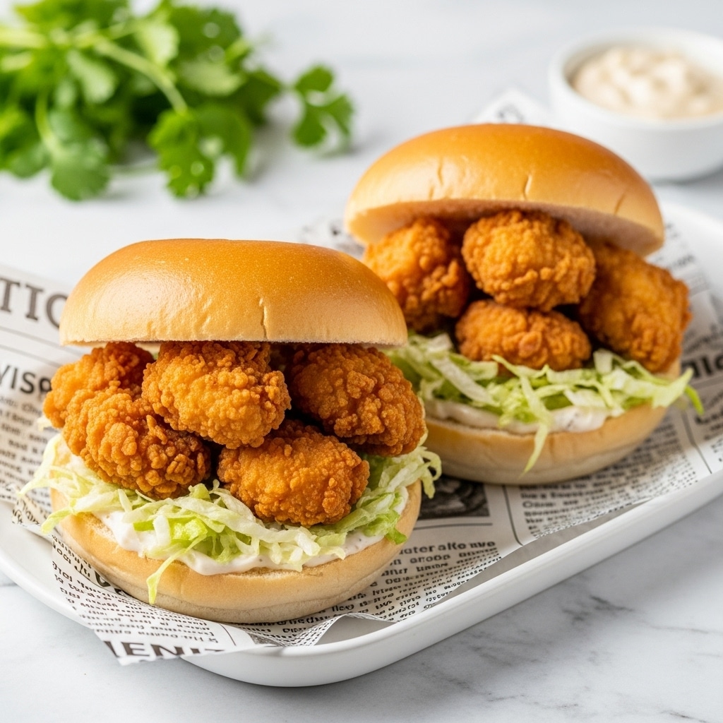 The image shows two white sandwich buns on a white marbled surface, each filled with golden fried chicken pieces that have a crispy texture. Inside the sandwich, there is a layer of light green shredded lettuce mixed with a creamy white sauce. The sandwiches are placed on a piece of printed paper inside a white dish. In the background, there are some green herbs adding a fresh touch, and a small white bowl with a creamy dip is visible on the right side. The photo taken with an iphone --ar 4:5 --v 7