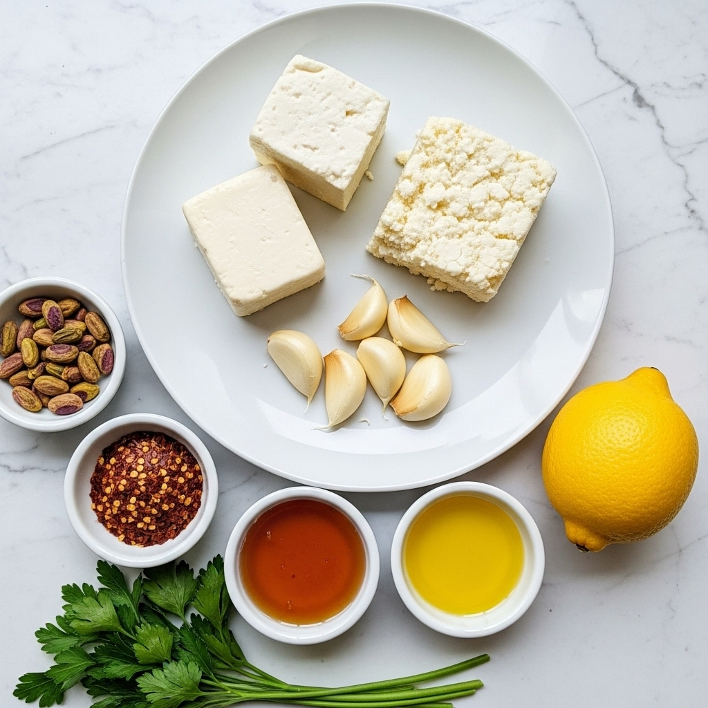 A white plate with two blocks of cheese—one smaller and smooth, the other larger and crumbly—placed near the top. Below the cheese, five garlic cloves are slightly spread out. Surrounding the plate on a white marbled surface are small white bowls with green pistachios, red chili flakes, amber honey, and yellow olive oil. Fresh green parsley is at the bottom left, and a bright yellow lemon is positioned to the right. Photo taken with an iphone --ar 4:5 --v 7