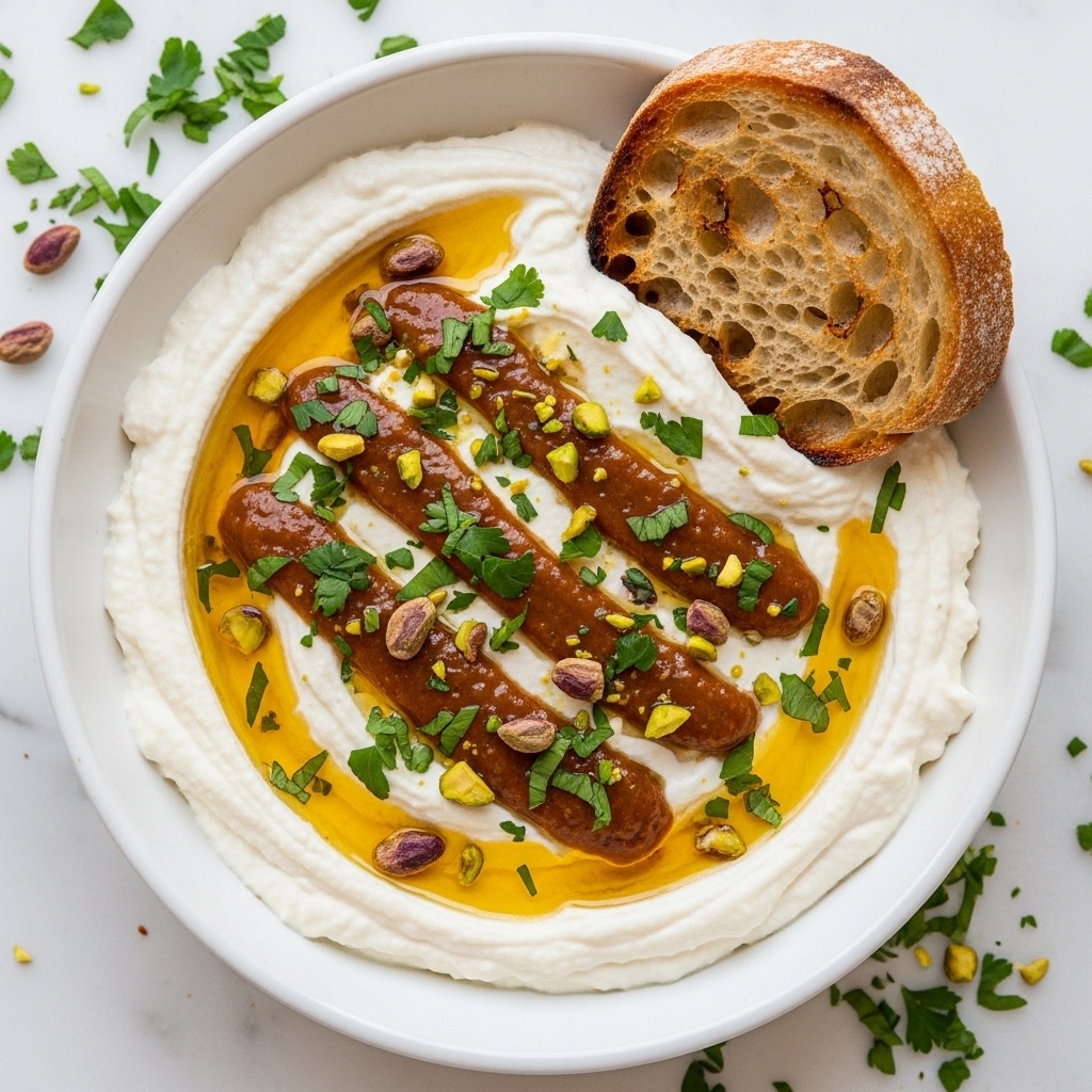 A white bowl filled with a creamy white spread that has smooth, soft swirls. On top, there is a brown, shiny sauce with a slightly oily texture, spread in three thick lines across the center of the spread. Bright green chopped herbs and small chunks of green pistachios are scattered over the sauce and cream. A toasted slice of rustic bread with a golden crust is placed inside the bowl, resting on the creamy base. The bowl sits on a white marbled surface with scattered herbs and pistachios around it. photo taken with an iphone --ar 4:5 --v 7