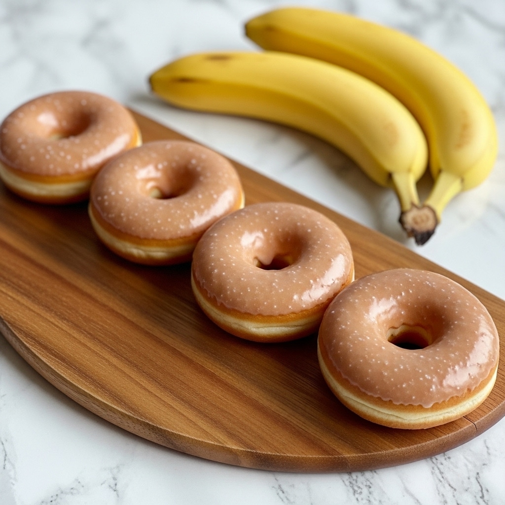 The image shows five ingredients placed on a wooden surface. At the top center is a round bowl filled with light beige flour. Below it, on the left, is an empty white bowl with a blue spiral pattern inside. To the right of this bowl is a small clear glass bowl holding white powder and a scoop of white cream. Below these bowls and slightly to the center is a small red bowl filled with a dark liquid. On the right side of all the bowls lies a ripe banana with brown spots on its yellow skin. The background has been changed to a white marbled texture. Photo taken with an iphone --ar 4:5 --v 7
