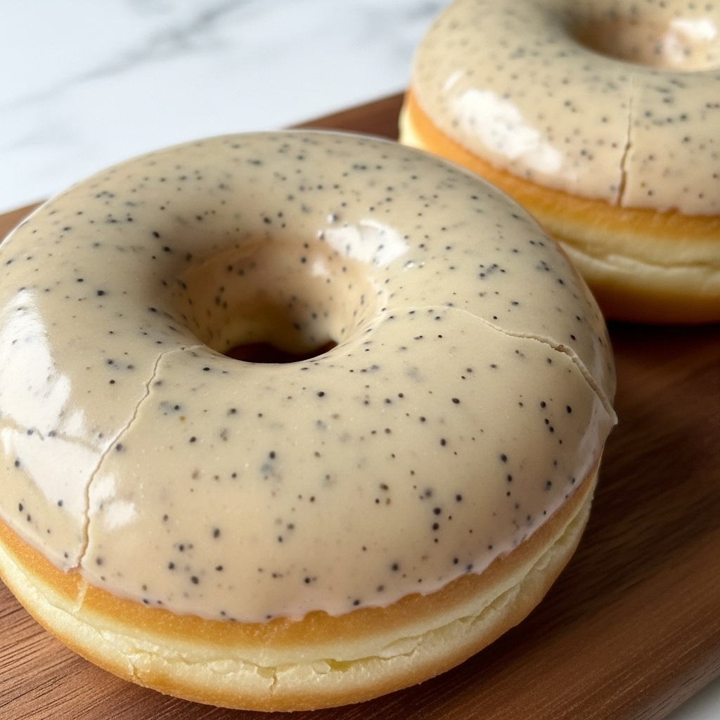 The image shows a close-up of two donuts placed on a wooden surface. The donuts have a thick, smooth layer of light beige glaze with tiny dark specks evenly spread over the surface, giving a slightly textured look. The glaze layer is glossy, covering the entire top and sides, with a round hole clearly visible in the center of the front donut. The donuts have a soft and slightly puffy appearance with subtle cracks on the sides. The background surface is white marbled texture. Photo taken with an iphone --ar 4:5 --v 7