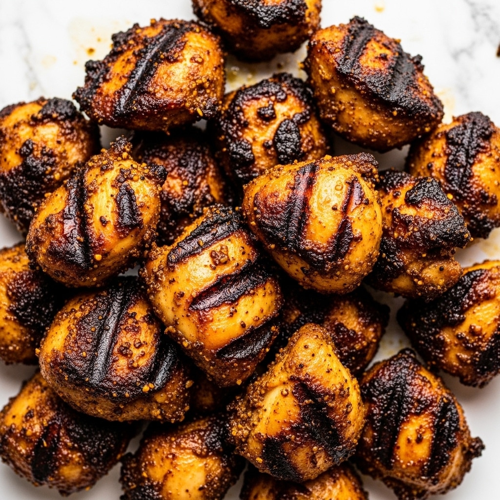 The image shows a close-up of many small pieces of cooked chicken with a dark, crispy outside and a golden-brown color in places from the spices and heat. The chicken pieces are piled thick and look juicy and well-seasoned with visible char marks giving a textured look. The background is a white marbled texture that contrasts with the rich browns and blacks of the cooked chicken photo taken with an iphone --ar 4:5 --v 7