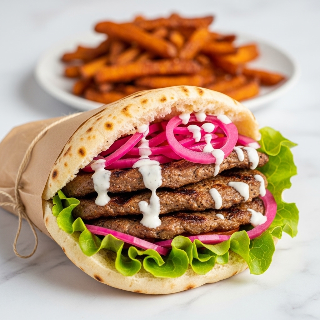The image shows a pita sandwich filled with layers of grilled meat that is brown with a slightly crispy texture, topped with fresh green lettuce and thin slices of bright pink pickled onions. White drizzle of sauce is spread over the filling. The pita bread is light golden with small brown spots, folded to hold the filling, partially wrapped in brown paper tied with a string at the bottom. Behind the pita, there is a pile of dark orange fries placed on a white plate. The background is a white marbled surface. Photo taken with an iphone --ar 4:5 --v 7
